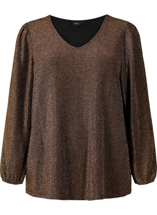 Zizzifashion Glitter blouse with puff sleeves, Black Copper, Packshot image number 0