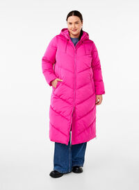 Long puffer coat with hood and pockets, Rose Violet, Model