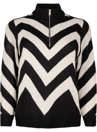 Zizzifashion High neck knitted sweater with zipper, Black Birch Stripe, Packshot image number 0