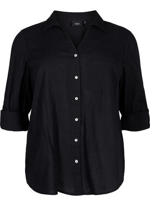 Zizzifashion Shirt blouse with button closure in cotton-linen blend, Black, Packshot image number 0