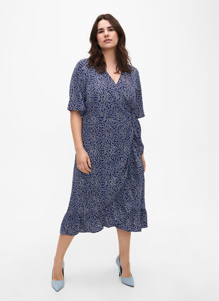 Zizzifashion Printed wrap dress with short sleeves , M. Blue Graphic AOP, Model image number 0