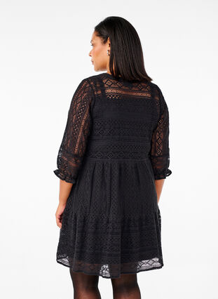 Zizzifashion Short lace dress with 3/4 sleeves, Black, Model image number 1