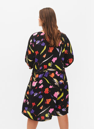 Zizzifashion Dress in viscose with print and 3/4 sleeves, Faded Tulip AOP, Model image number 1