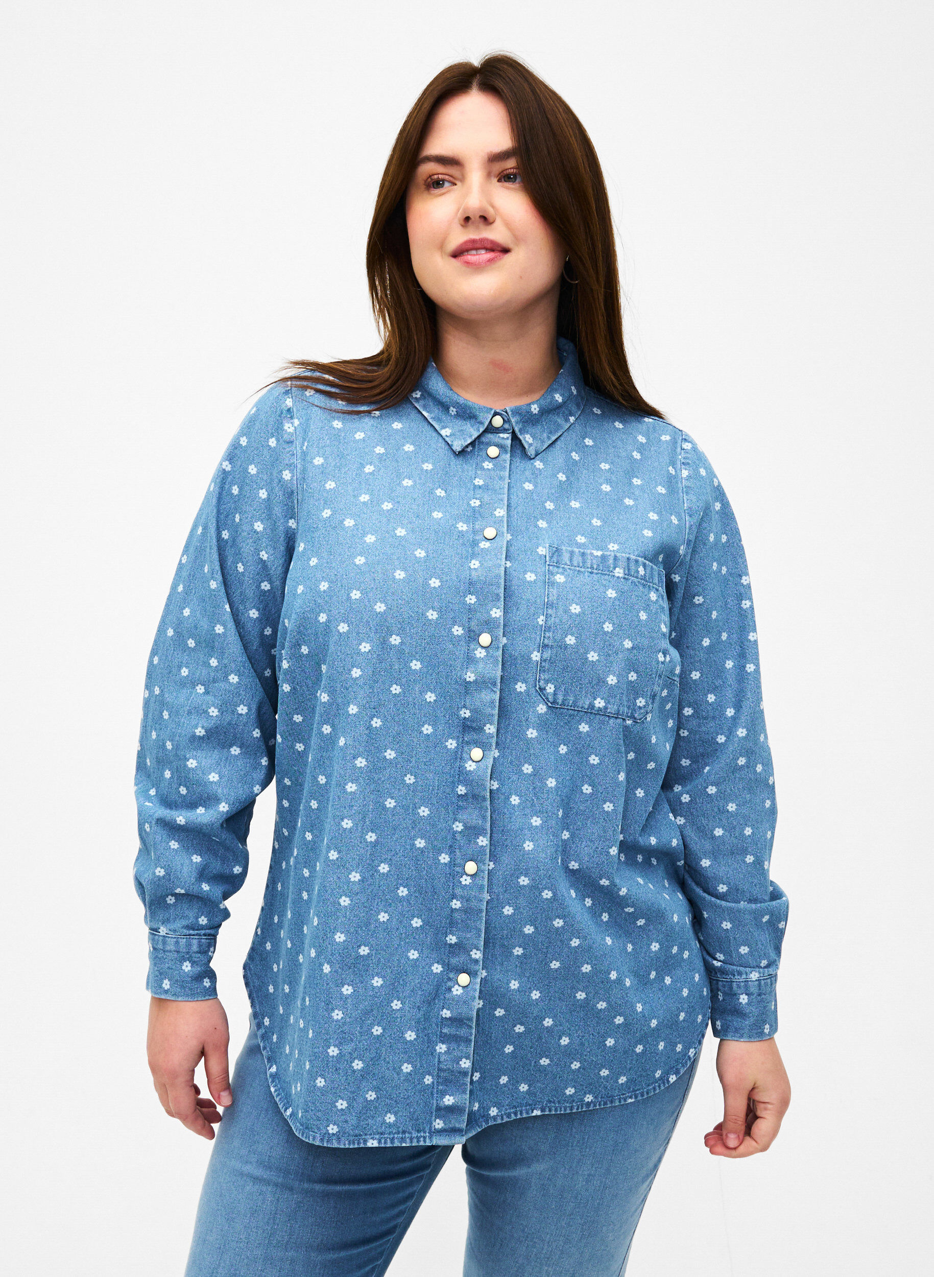 Grenouille Ladies Long Sleeve Daisy Print Blue Denim Shirt