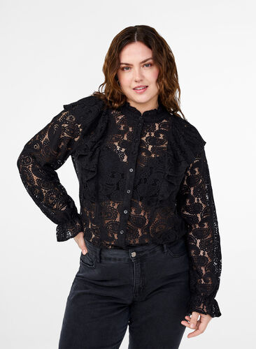 Zizzifashion Lace shirt blouse with ruffle detail, Black, Model image number 0