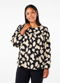 Long-sleeved blouse with print and bows, Black AOP, Model