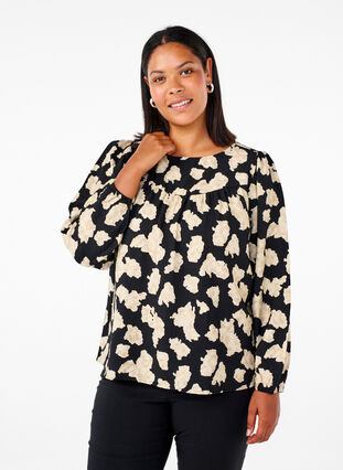 Zizzifashion Long-sleeved blouse with print and bows, Black AOP, Model image number 0