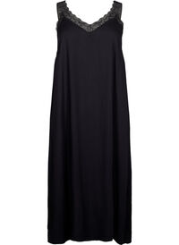 Midi-length strap dress in viscose with lace