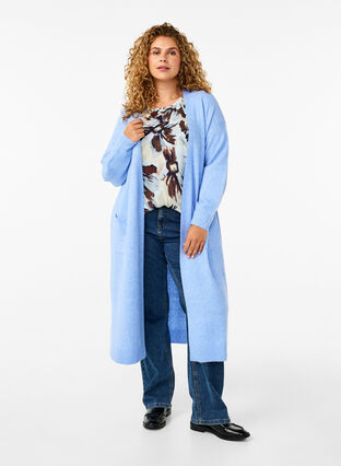 Zizzifashion Long knitted cardigan with pockets, Cornflower Blue Mel., Model image number 0