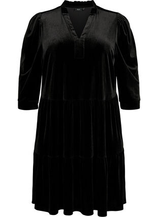 Zizzifashion Velour dress with ruffle collar and 3/4 sleeves, Black, Packshot image number 0