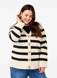 Striped knitted cardigan with V-neck, Birch w. Black, Model