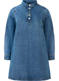 Short denim dress with A-shape and long sleeves, Blue Denim, Packshot