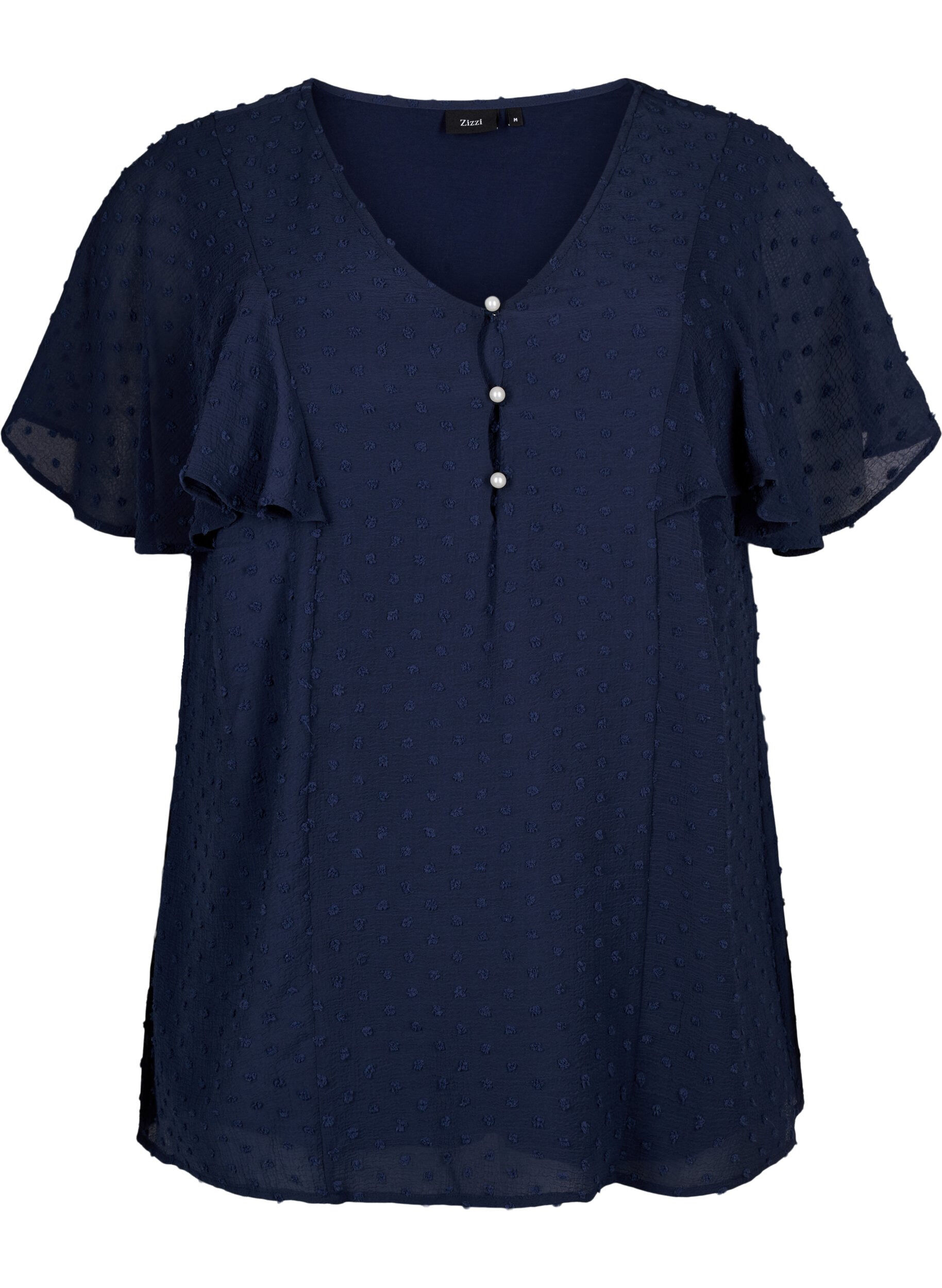 Blouse with dotted texture and short sleeves - Blue - Sz. M 