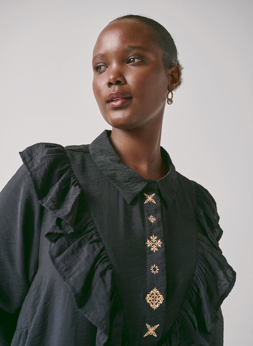 Shirt dress with ruffles and embroidery, Black, Image