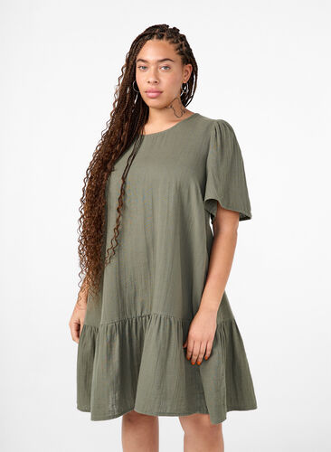 Zizzifashion Cotton short-sleeved dress with a-line cut, Thyme, Model image number 0