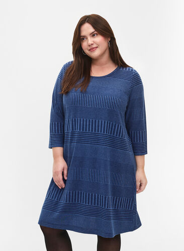 Zizzifashion Dress with 3/4 sleeves and striped pattern, Estate Blue Melange, Model image number 0