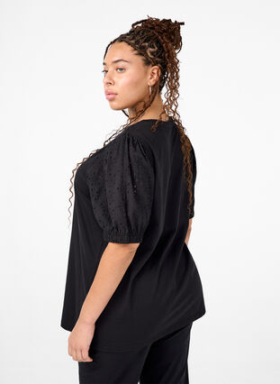 Zizzifashion Organic cotton blouse with broderie anglaise sleeves, Black, Model image number 1