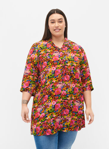 Zizzifashion Floral viscose tunic with 3/4 sleeves, Neon Flower Print, Model image number 0