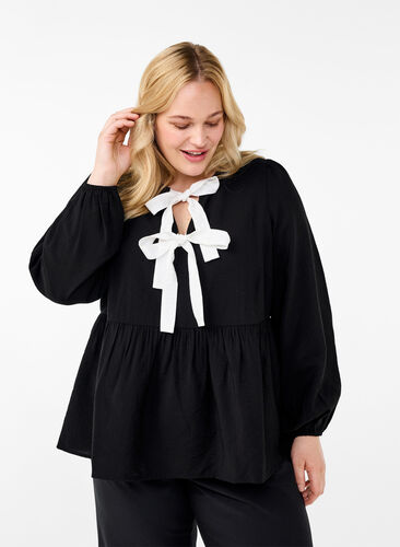 Zizzifashion Viscose blouse with bows and long sleeves, Black White Bow, Model image number 0