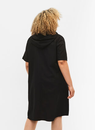 Zizzifashion Cotton blend hooded dress with linen, Black, Model image number 1