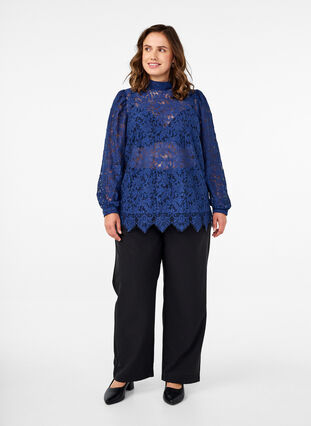 Zizzifashion Lace blouse with bow detail, Estate Blue, Model image number 2