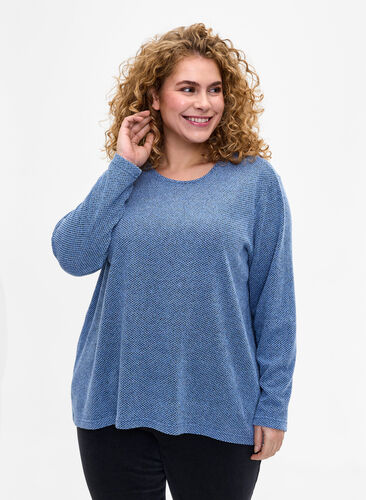 Zizzifashion Melange blouse with round neck and long sleeves, Blue Bonnet, Model image number 0
