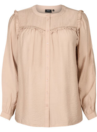 Zizzifashion Shirt blouse with ruffles and pleats, Stucco, Packshot image number 0