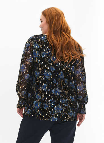 Zizzifashion Floral blouse with long sleeves and v neck, Black Blue Flower , Model image number 1