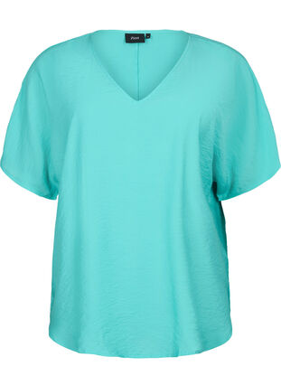 Zizzifashion Short-sleeved viscose blouse with v-neck, Turquoise, Packshot image number 0