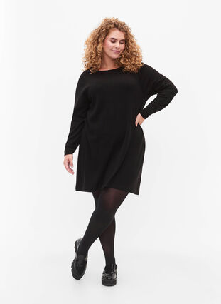 Zizzifashion Knitted dress in cotton-viscose blend, Black Mel., Model image number 2