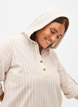 Zizzifashion Hooded tunic in cotton and linen, Wh. Sandshell Stripe, Model image number 2