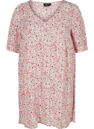 Zizzifashion Viscose tunic with print and short sleeves, Pink Ditsy AOP, Packshot image number 0