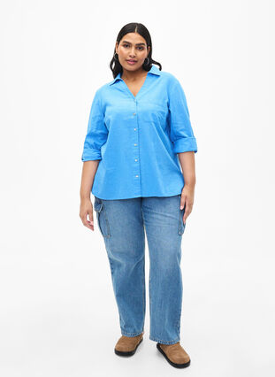 Zizzifashion Shirt blouse with button closure in cotton-linen blend, Marina, Model image number 2