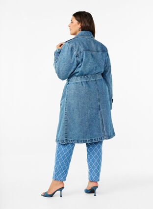 Zizzifashion Denim trench coat with belt, Blue Denim, Model image number 2