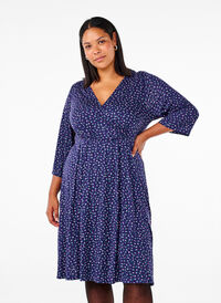 Floral wrap dress with 3/4 sleeves, Evening Blue Ditsy, Model