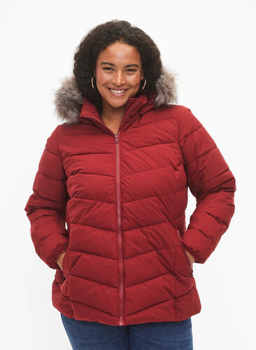 Zizzifashion Short puffer jacket with hood, Pomegranate, Model image number 0