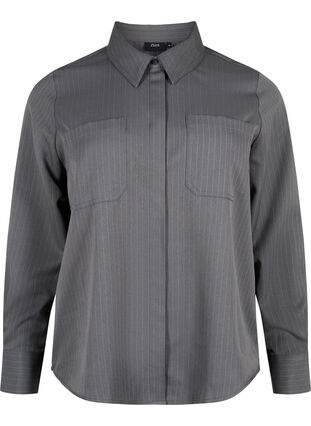 Zizzifashion Pinstriped shirt with collar and chest pockets, Dark Shadow Pin St., Packshot image number 0