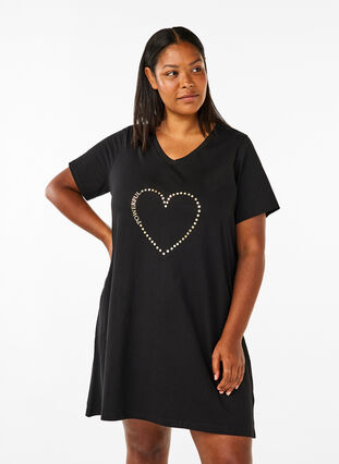 Zizzifashion Organic cotton nightgown with v-neck, Black Powerful, Model image number 0