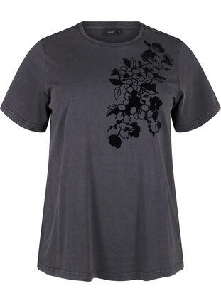 Zizzifashion Organic cotton T-shirt with print, D.Grey Wash W. Flok, Packshot image number 0