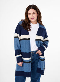 Long knit cardigan with wide stripes, Bering Sea Mel. Comb, Model
