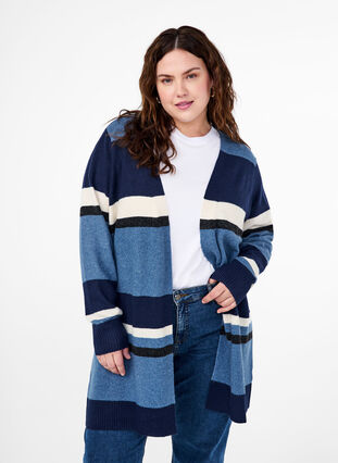 Zizzifashion Long knit cardigan with wide stripes, Bering Sea Mel. Comb, Model image number 0