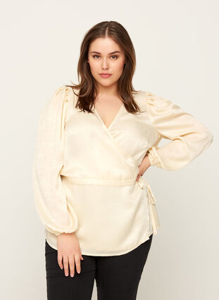Wrap blouse with puff sleeves - Beige - Sz. 42-60 - Zizzifashion