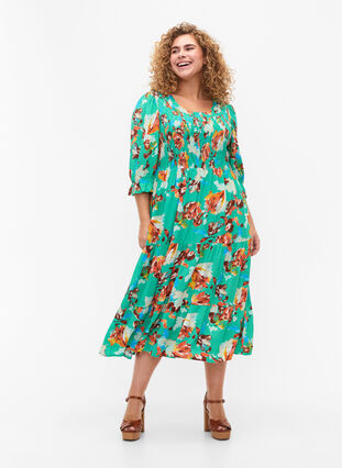 Zizzifashion Printed viscose dress with smock at the top, Arcadia AOP, Model image number 0