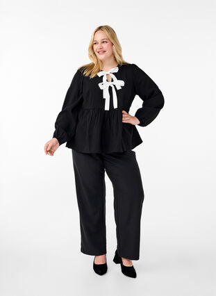 Zizzifashion Viscose blouse with bows and long sleeves, Black White Bow, Model image number 2