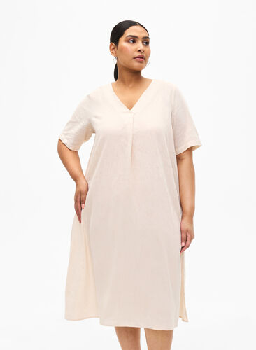 Zizzifashion Cotton blend kaftan dress with linen, Sandshell, Model image number 0