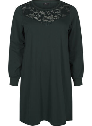 Zizzifashion Short sweat dress with lace detail, Scarab, Packshot image number 0