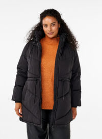 Mid-length puffer jacket with hood, Black, Model