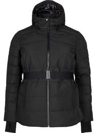 Ski jacket with hood and belt, Black, Packshot