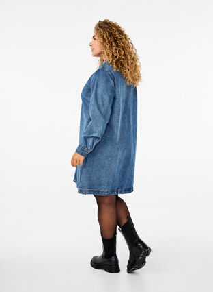 Zizzifashion Short denim dress with A-shape and long sleeves, Blue Denim, Model image number 1