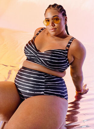 Zizzifashion High-waisted striped bikini bottoms, Black White Stripe, Image image number 0